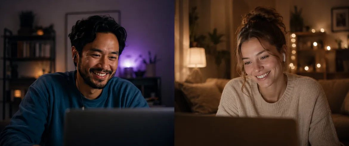 Two Couple members smiling at each other during a video date from their homes