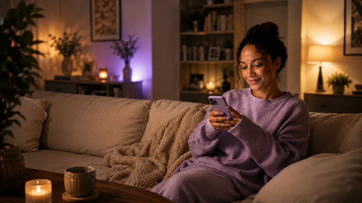 A Couple member relaxing at home, smiling at a new match on her phone