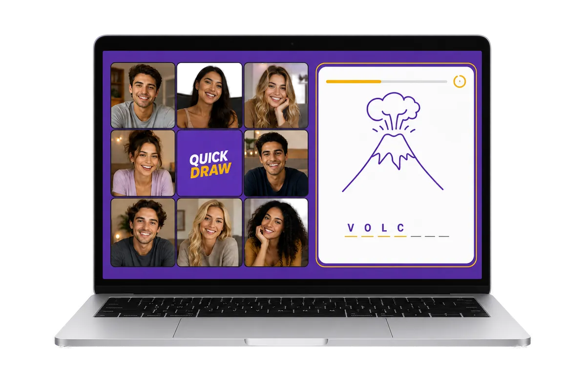 A laptop showing Couple's Quick Draw game during an event