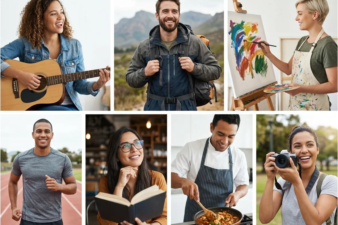 A grid of singles enjoying their hobbies — playing guitar, hiking, painting, running, reading, cooking, and photography