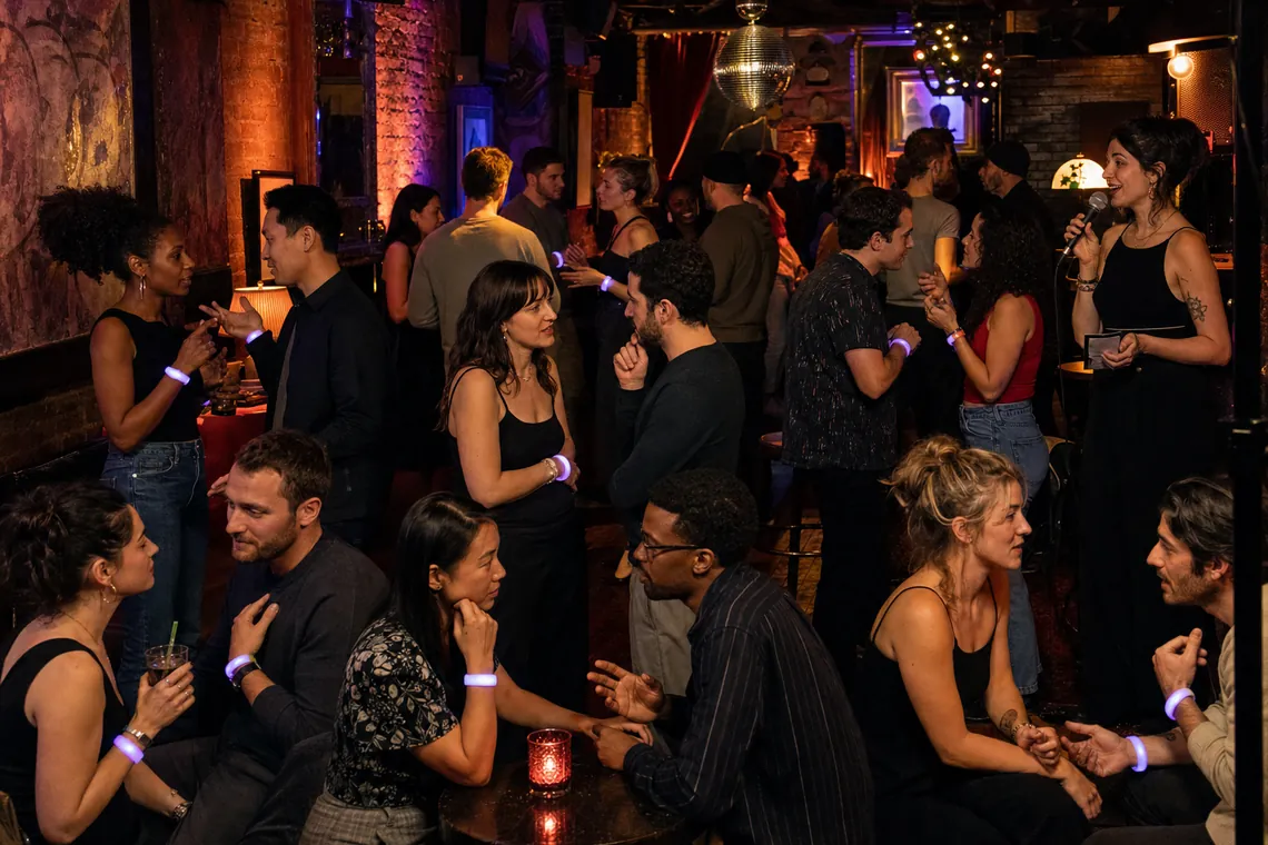Guests mingling and laughing at a Couple in-person singles mixer, glowing wristbands catching the light