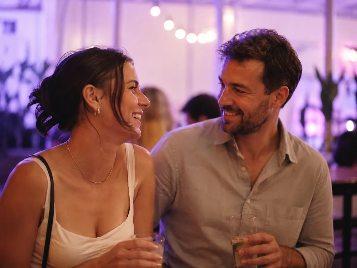 Two Couple members smiling at each other over drinks at a live mixer